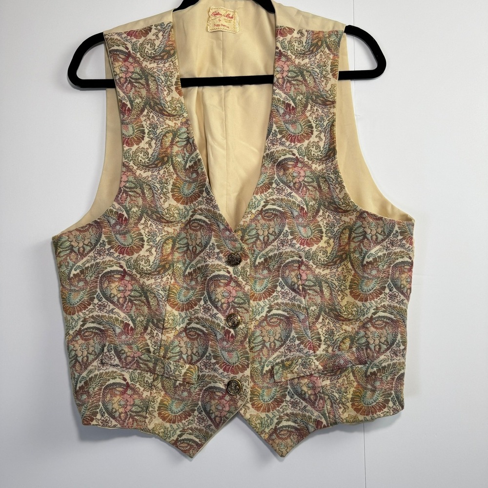 Vintage 80s Paisley Tapestry Vest Gold Crest Buttons Cream Custom Made